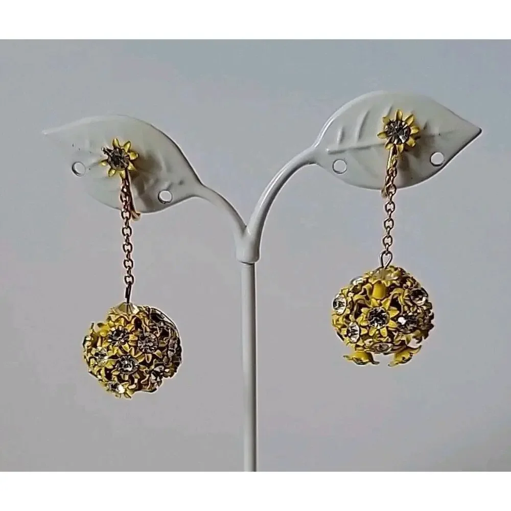 Vintage 60s Yellow Enameled Filigree Globe Drop Clip‎ On Earrings Billie Eilish